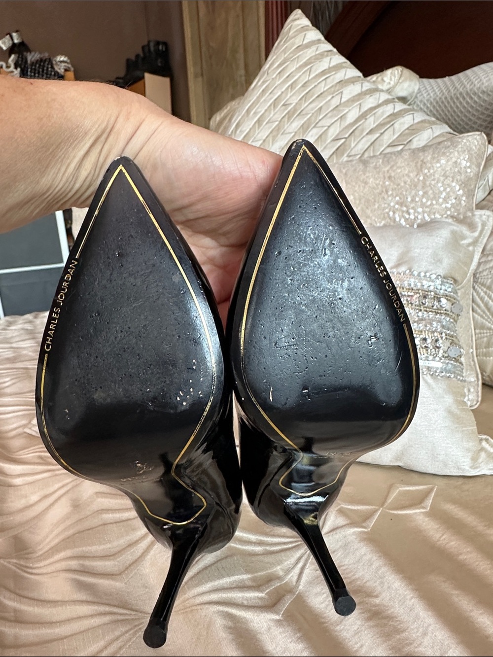 Charles Jourdan Black Patent Pointed-Toe Stiletto Pumps with Red Lining - Picture 3 of 11